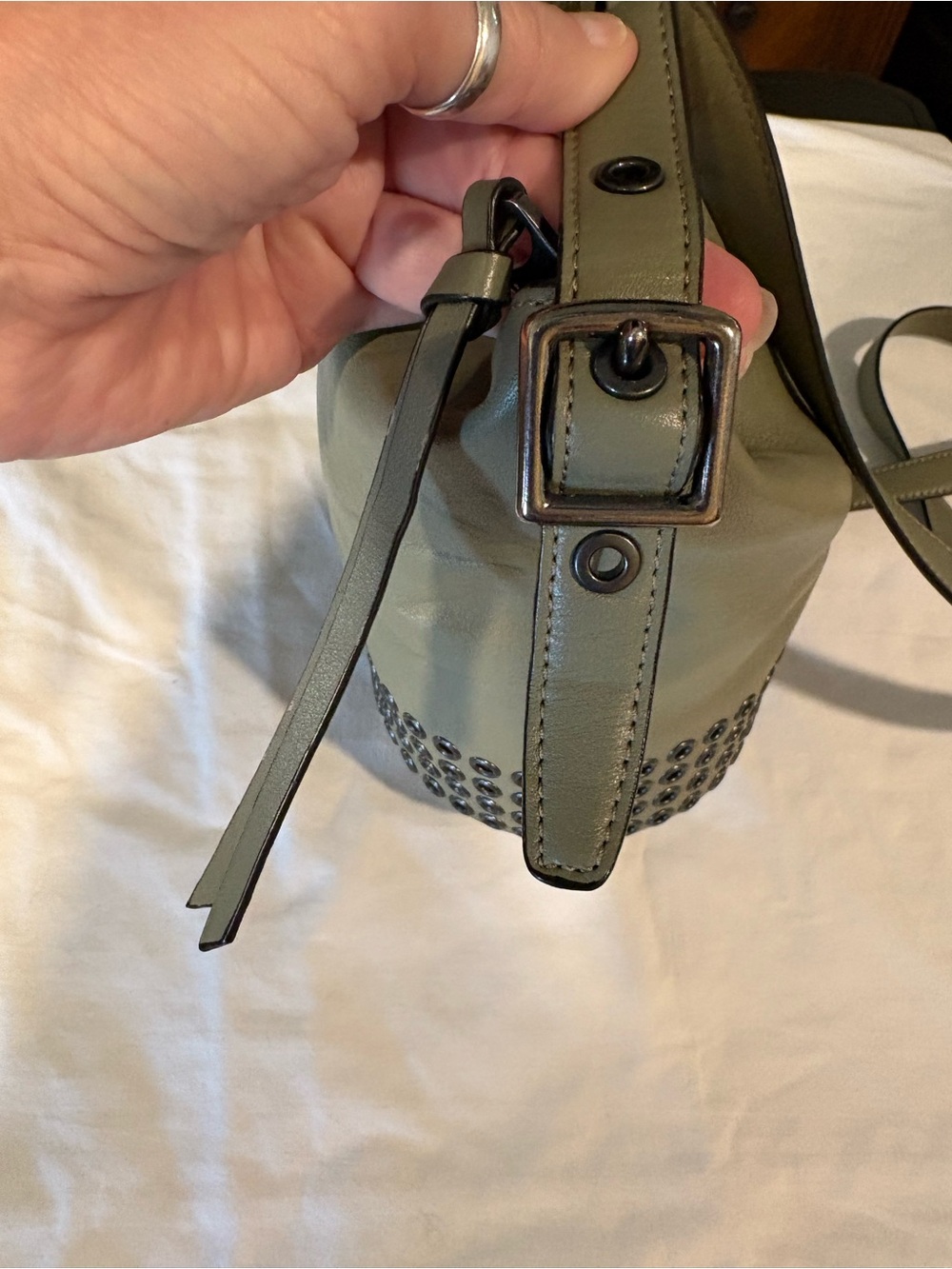 Coach Bleecker Grommets Olive Grey Leather Crossbody Bucket Bag - Picture 3 of 12